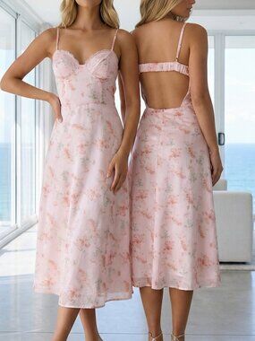 NWT LULU'S satin floral midi dress corset look open back with elastic bar L